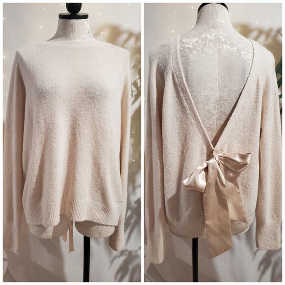 Vineyard Vines Wool Blend Luxe Bow Detail Deep V-Back Sweater Womens Sz XL Cream - Picture 1 of 12